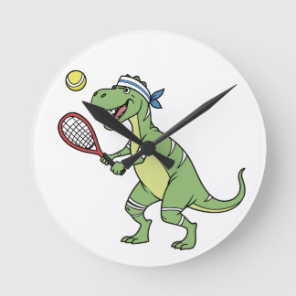 Funny Cartoon T-Rex Playing Tennis Dinosaur Ronde Klok