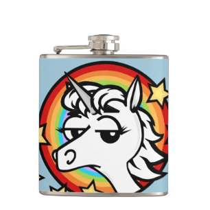 FUNNY CARTOON UNICORN EN RAINBOW GRAPHIC FLASK HEUPFLES