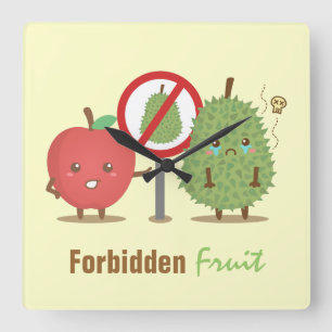 Funny Cartoon, Verboden fruit, Apple en Durian Vierkante Klok