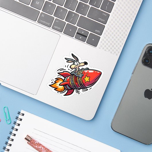Funny Cartoon Wolf on Rocket Sticker - Retro Acme  (Ordinateur portable avec iPhone)