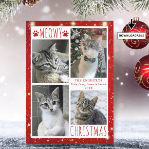 Funny Cat 4 Photo Collage MEOWY CHRISTMAS Red Feestdagenkaart