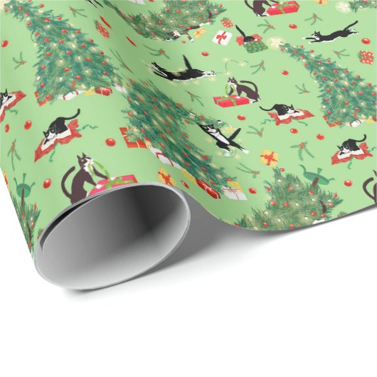 Funny Cat and Kerstmis Trouble Green Cadeaupapier (Rol Hoek)