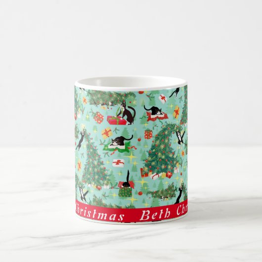 Funny Cat and Kersttree Custom Coffee Mok (Center)