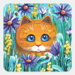Funny Cat Art Oranje Tabby Flowers Creationarts Vierkante Sticker