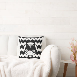 Funny Cat Black & White Chevron Kussen