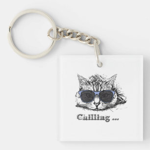 Funny Cat Chilling with Cute Sunbril Sleutelhanger
