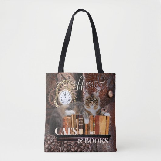 Funny Cat Coffee en Books Canvas tas (Voorkant)
