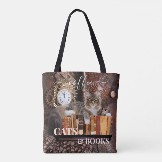 Funny Cat Coffee en Books Canvas tas (Achterkant)