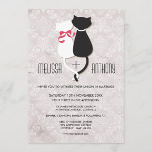 Funny Cat Couple Damask Wedding Invite Kaart