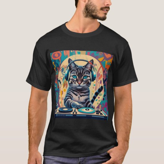 Funny Cat DJ Graffiti Platenspeler Elektronische M T-shirt (Voorkant)