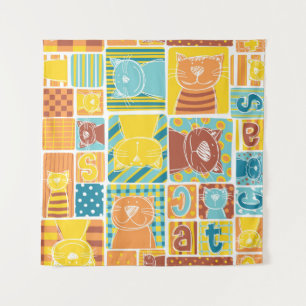 Funny cat fabric patchwork wallpaper, abstract naa wandkleed