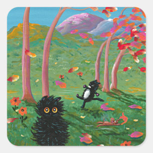 Funny Cat Fall verlaat Cartoon Creationarts Vierkante Sticker