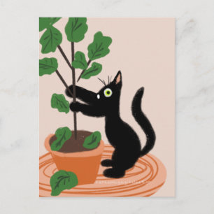 Funny Cat Fig Tree Potot Planten Hand Drawn Briefkaart