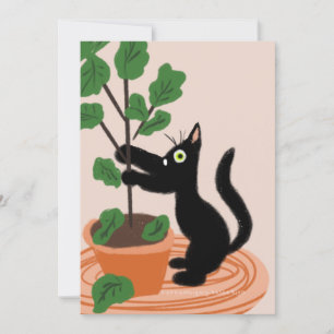 Funny Cat Fig Tree Potted Planten Hand Drawn Kaart