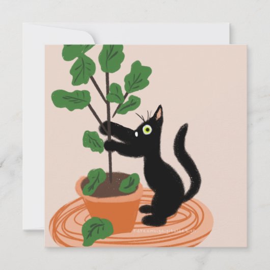 Funny Cat Fig Tree Potted Planten Hand Drawn Kaart (Voorkant)