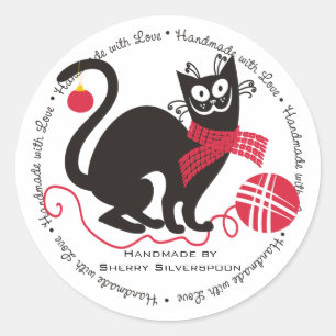 Funny cat garen breien met haakkerst ronde sticker