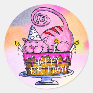 Funny Cat Happy Birthday Cake en Candles Ronde Sticker