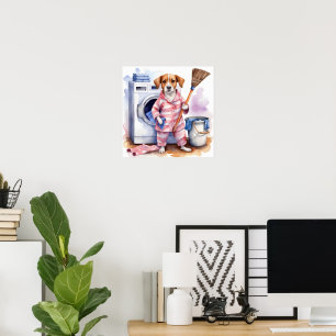 Funny Cat in Pyjama Doing Wasserij Poster