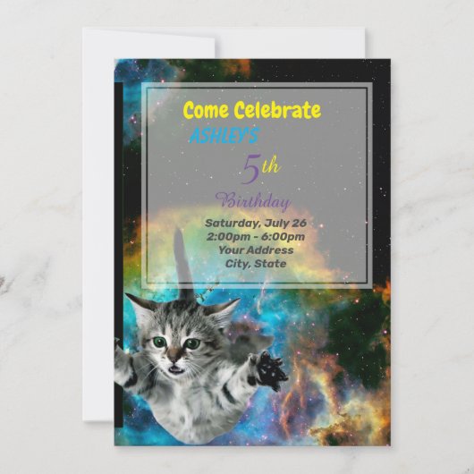 Funny Cat in Space Birthday Invitation Kaart (Voorkant)