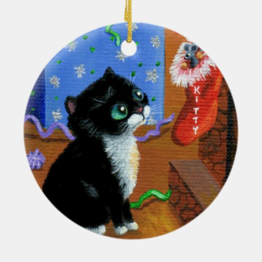 Funny Cat Kerstmis Tuxedo Kitten Mouse Keramisch Ornament (Achterkant)