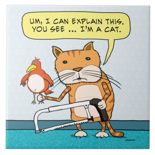 Funny Cat met Bird en Hackzaag Tegeltje (Voorkant)