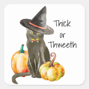 Funny Cat met Candy Corn Teeth en een heks Pet Vierkante Sticker