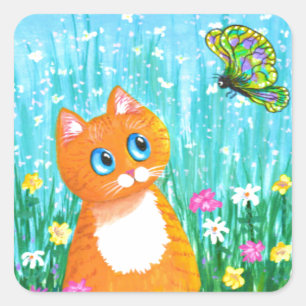 Funny Cat Oranje Tabby Butterfly Summer Vierkante Sticker