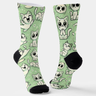 Funny Cat Pattern Sokken - Lichtgroen & Wit