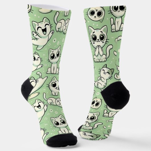 Funny Cat Pattern Sokken - Lichtgroen & Wit (Gebogen)