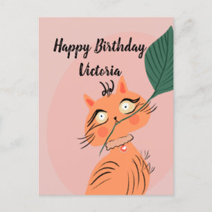 Funny Cat Plant Leaf Cartoon Birthday Briefkaart