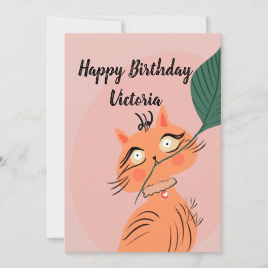 Funny Cat Plant Leaf Cartoon Birthday Kaart (Voorkant)
