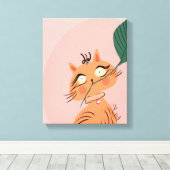 Funny Cat Plant Leaf Cartoon Canvas Afdruk (Insitu (Houten vloer))