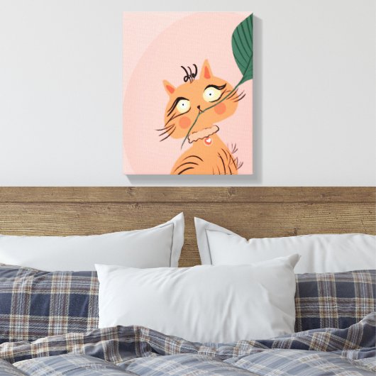 Funny Cat Plant Leaf Cartoon Canvas Afdruk (Insitu (Slaapkamer))
