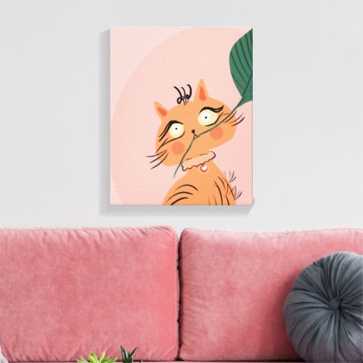 Funny Cat Plant Leaf Cartoon Canvas Afdruk (Insitu (Woonkamer))