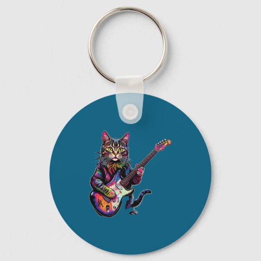 Funny Cat Playing Guitar Rock And Roll Men Women K Sleutelhanger (Voorkant)