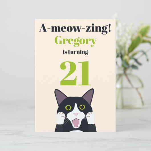 Funny cat pun uitnodiging voor 21ste verjaardagsfe (Staand voorkant)