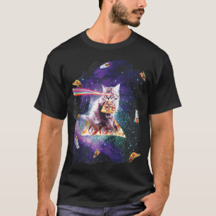 Funny Cat Rainbow Laser Eyes Riding Pizza Astronau T-shirt