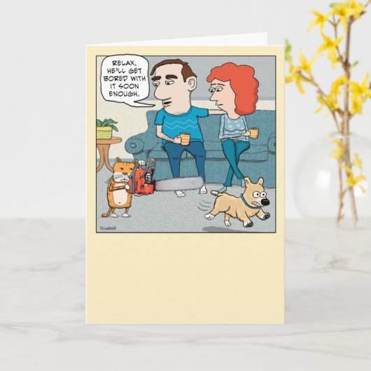 Funny Cat Scaring Dog with Chainzaag Birthday Kaart (Gele Bloem)