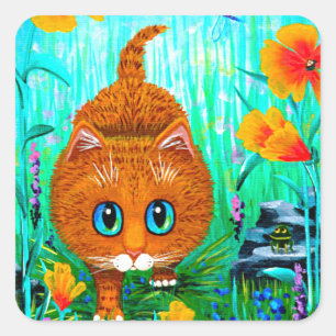 Funny Cat Sinaasappel Tabby Cartoon Creationarts Vierkante Sticker