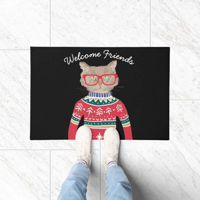 Funny Cat Wearing Glasses, Ugly KerstSweater Deurmat (Binnen)