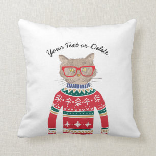 Funny Cat Wearing Glasses, Ugly KerstSweater Kussen