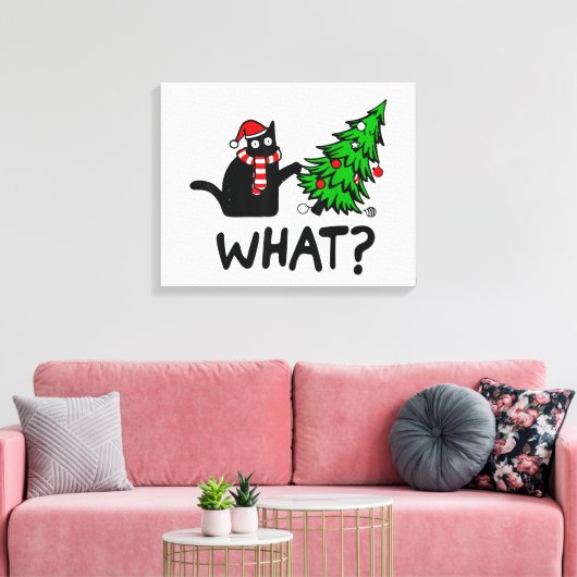 Funny Cat What Black Cat Pushing Kerstboom T- Canvas Afdruk (Insitu (Woonkamer))