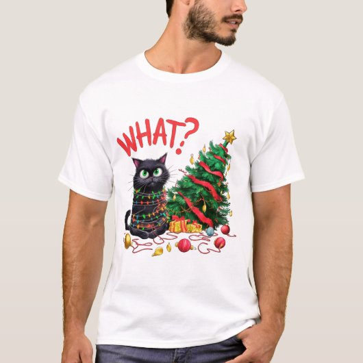 Funny Cat with Christmas Tree T-shirt (Voorkant)