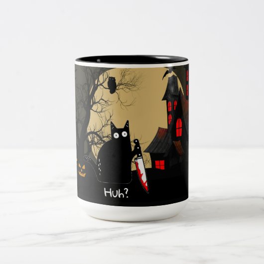 Funny Cat With Knife Custom Text Halloween Mug (Centre)