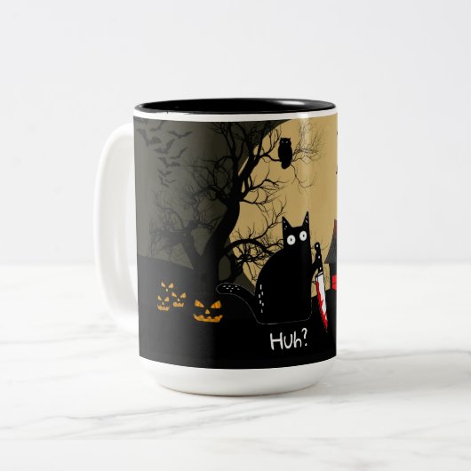 Funny Cat With Knife Custom Text Halloween Mug Tweekleurige Koffiemok (Voorkant links)