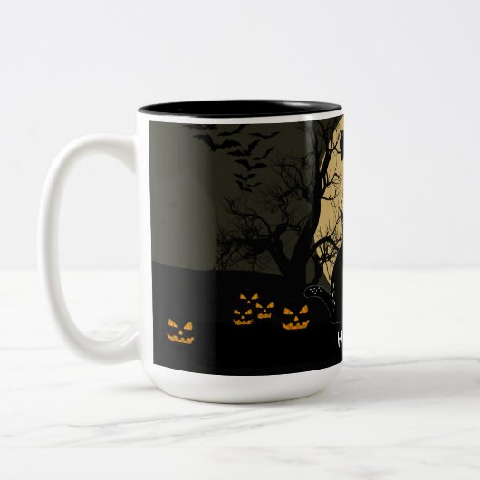 Funny Cat With Knife Custom Text Halloween Mug Tweekleurige Koffiemok (Links)