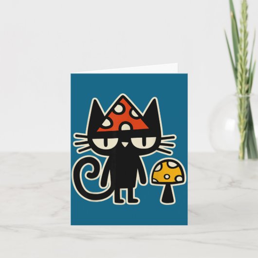 Funny Cat With Mushroom Hat Black Cat With Toadsto Kaart (Voorkant)
