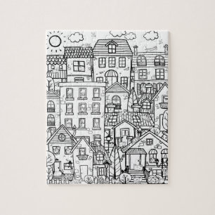 Funny Cats Gedetailleerde town Black White Colorin Legpuzzel
