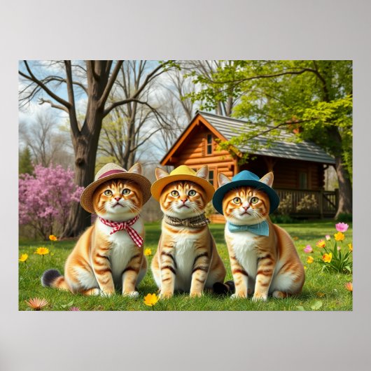 Funny Cats in Preppy Spring Attire and Hats Poster (Voorkant)