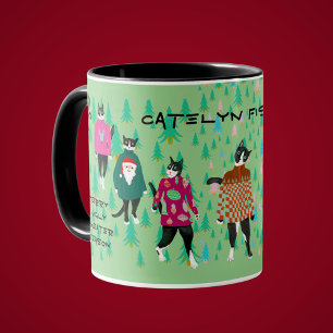 Funny Cats in Ugly KerstSweaters green Koffiemok